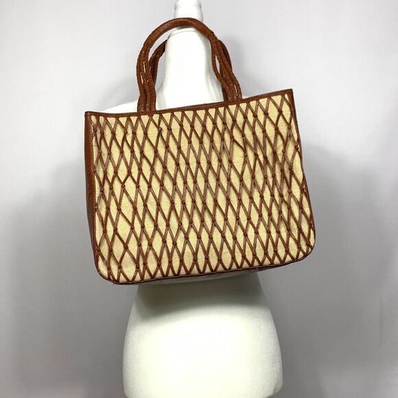 Bueno handbag Purse Brown Handles Faux Leather Canvas Body Pocketbook - Picture 1 of 11